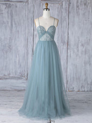 Formal Dresses Long Elegant Evening Gowns, Simple Sweetheart Neck Tulle Lace Long Prom Dresses, Gray Blue Bridesmaid Dresses