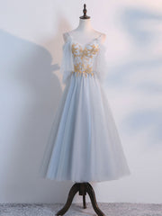 Formal Dresses Australia, Simple Tulle Lace Gray Prom Dresses, Tea Length Lace Bridesmaid Dresses