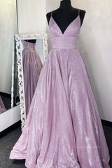 Bridesmaid Dresses Sales, Simple v neck A-line long prom dress sequin evening dress