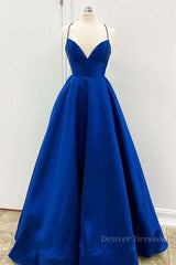 Prom Dress With Slits, Simple V Neck Backless Royal Blue Satin Long Prom Dress, Royal Blue Backless Formal Dress, Royal Blue Evening Dress, Ball Gown
