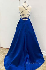 Prom Dress With Slit, Simple V Neck Backless Royal Blue Satin Long Prom Dress, Royal Blue Backless Formal Dress, Royal Blue Evening Dress, Ball Gown