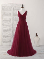 Party Dresses Pink, Simple V Neck Burgundy Tulle Long Prom Dress Burgundy Evening Dress