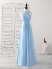 Formal Dress Lace, Simple V Neck Chiffon Blue Long Prom Dress Blue Bridesmaid Dress