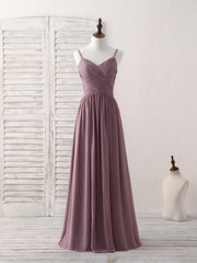 Ballgown, Simple V Neck Chiffon Long Prom Dress Dark Pink Bridesmaid Dress