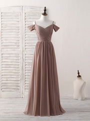 Casual Gown, Simple V Neck Dark Champagne Chiffon Long Prom Dress, Bridesmaid Dress