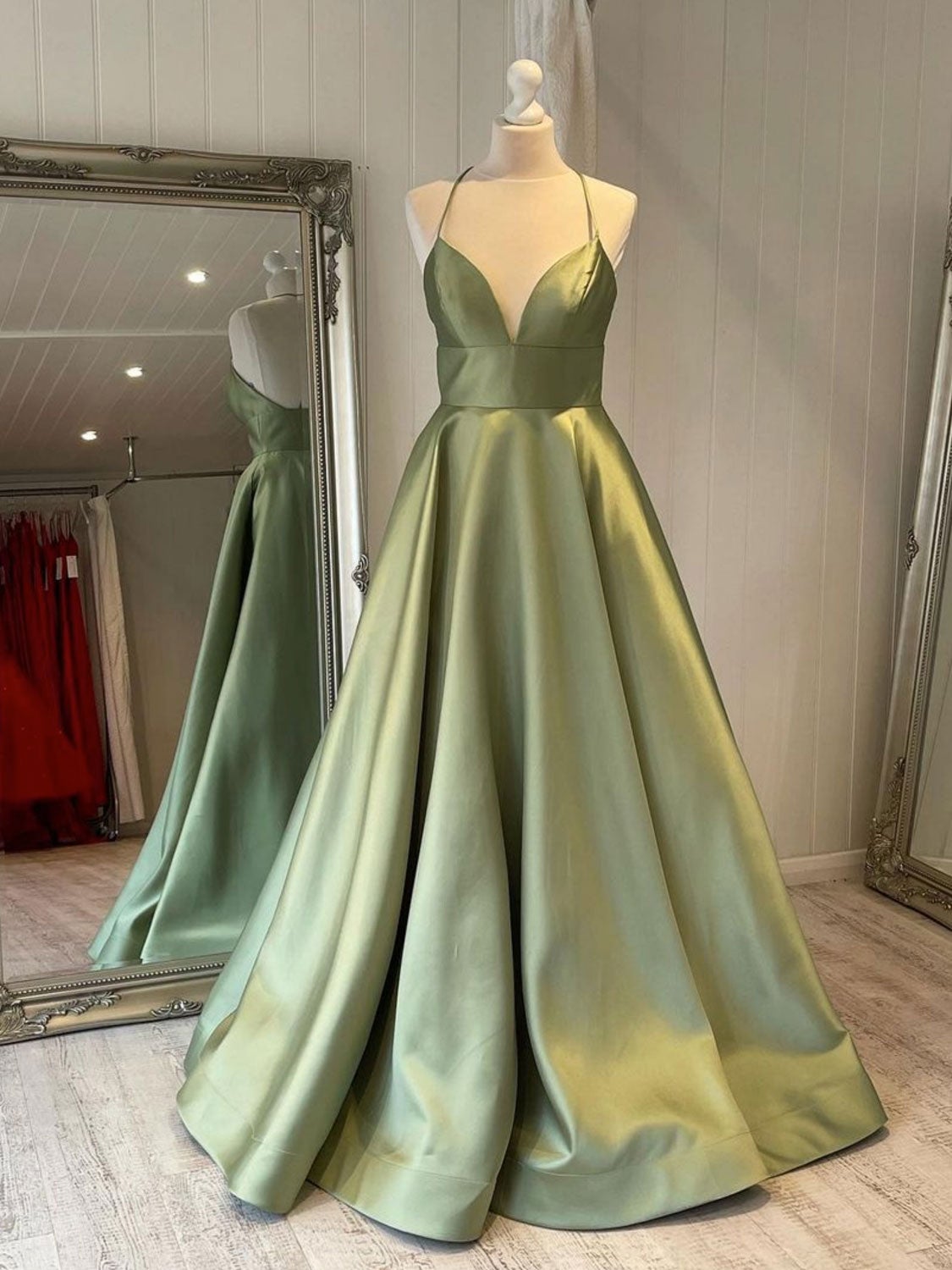 Bridesmaid Dress Blue, Simple v neck green satin long prom dress, green evening dress