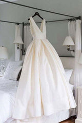 Wedding Dress Boho, Simple V Neck Ivory Satin Long Prom Dress, Open Back Ivory Formal Evening Dress, Ivory Wedding Dress
