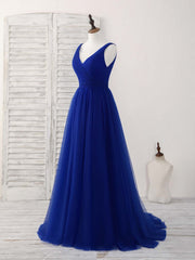 Formal Dress Inspo, Simple V Neck Royal Blue Tulle Long Prom Dress Blue Evening Dress