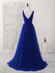 Formal Dresses Graduation, Simple V Neck Royal Blue Tulle Long Prom Dress Blue Evening Dress