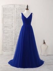 Formal Dresses To Wear To A Wedding, Simple V Neck Royal Blue Tulle Long Prom Dress Blue Evening Dress