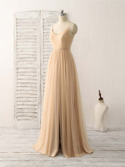 Homecomming Dresses Fitted, Simple V Neck Tulle Chiffon Long Prom Dress Champagne Bridesmaid Dress