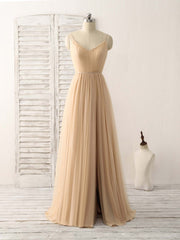 Homecoming Dresses Fitted, Simple V Neck Tulle Chiffon Long Prom Dress Champagne Bridesmaid Dress