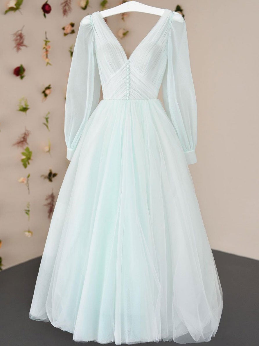 Bridesmaids Dresses Affordable, Simple v neck tulle tea length prom dress, tulle formal dress