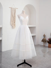 Dress Short, Simple V Neck Tulle Tea Length White Prom Dress, White Bridesmaid Dress