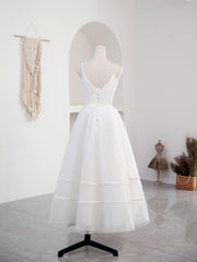 Dress Formal, Simple V Neck Tulle Tea Length White Prom Dress, White Bridesmaid Dress