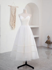 Women Dress, Simple V Neck Tulle Tea Length White Prom Dress, White Bridesmaid Dress