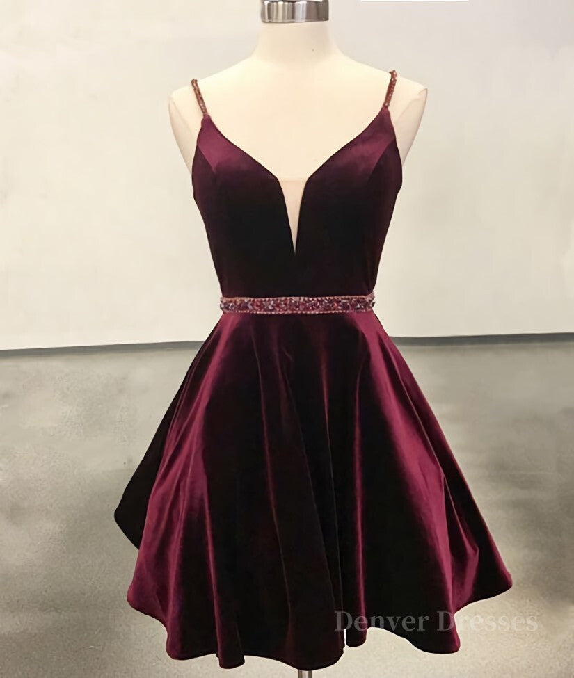 Homecoming Dresses Vintage, Simple v neck velvet short burgundy prom dress, burgundy homecoming dress
