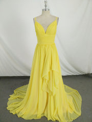 Bridal Bouquet, Simple V Neck Yellow Chiffon Long Prom Dress, Yellow Evening Dress