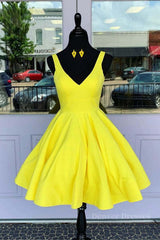 Homecoming Dress Blue, Simple V Neck Yellow Short Prom Dress, V Neck Yellow Homecoming Dress, Yellow Graduation Formal Evening Dress