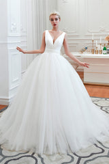 Wedding Dress Shopping, Simple White A Line V Neck Open Back Tulle Wedding Dresses
