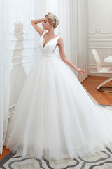 Wedding Dresses Beach, Simple White A Line V Neck Open Back Tulle Wedding Dresses