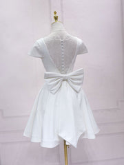 Prom Dresses Pieces, Simple White V Neck Lace Short Prom Dress, White Bridesmaid Dress