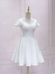 Prom Dresses Piece, Simple White V Neck Lace Short Prom Dress, White Bridesmaid Dress