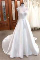 Wedding Dresses With Sleeves, Simple white v neck satin long wedding dress white bridal dress