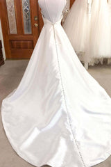 Wedding Dress Inspiration, Simple white v neck satin long wedding dress white bridal dress