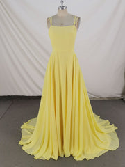 Bridesmaid Dresses With Sleeves, Simple Yellow Chiffon Long Prom Dress Yellow Evening Dress