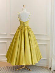 Homecoming Dresses Modest, Simple Yellow Satin Tea Length Prom Dress, Yellow Homecoming Dress