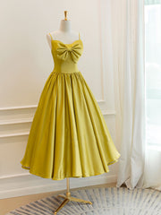 Homecoming Dress Modest, Simple Yellow Satin Tea Length Prom Dress, Yellow Homecoming Dress