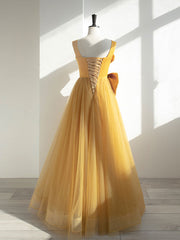 Shirt Dress, Simple Yellow Tulle Long Prom Dress, Yellow Formal Bridesmaid Dresses