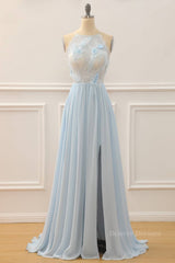 Formal Dress Ideas, Sky Blue A-line Bateau Tulle 3D Applique Long Prom Dress