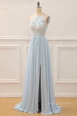 Formal Dress Idea, Sky Blue A-line Bateau Tulle 3D Applique Long Prom Dress