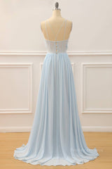 Formal Dress Wedding, Sky Blue A-line Bateau Tulle 3D Applique Long Prom Dress