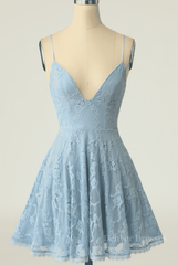 Homecomming Dresses Lace, Sky Blue A-line V Neck Lace-Up Back Lace Mini Homecoming Dress