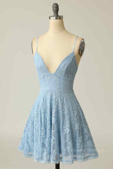Homecoming Dresses Laces, Sky Blue A-line V Neck Lace-Up Back Lace Mini Homecoming Dress