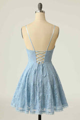 Homecoming Dresses Silk, Sky Blue A-line V Neck Lace-Up Back Lace Mini Homecoming Dress