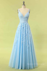 Classy Gown, Sky Blue A-line V Neckline Applique Tulle Long Prom Dress