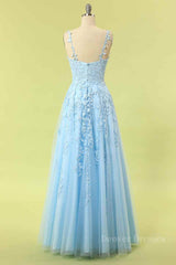 Dress Casual, Sky Blue A-line V Neckline Applique Tulle Long Prom Dress