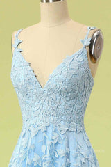 Dressy Outfit, Sky Blue A-line V Neckline Applique Tulle Long Prom Dress