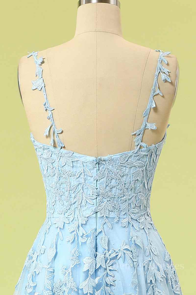 Modest Dress, Sky Blue A-line V Neckline Applique Tulle Long Prom Dress