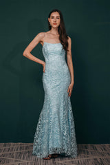 Prom Dresses Elegant, Sky Blue Backless Long Lace Spaghetti Straps Prom Dresses