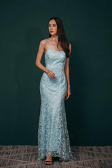 Prom Dresses Styles, Sky Blue Backless Long Lace Spaghetti Straps Prom Dresses