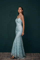 Prom Dresses On Sale, Sky Blue Backless Long Lace Spaghetti Straps Prom Dresses