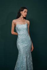 Prom Dress 2043, Sky Blue Backless Long Lace Spaghetti Straps Prom Dresses