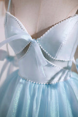 Party Dress Idea, Sky Blue Spaghetti Straps Party Dress, Cute A-Line Tulle Homecoming Dress