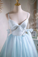 Party Dresses Online, Sky Blue Spaghetti Straps Party Dress, Cute A-Line Tulle Homecoming Dress