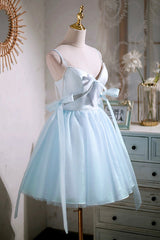 Party Dresses For Teens, Sky Blue Spaghetti Straps Party Dress, Cute A-Line Tulle Homecoming Dress